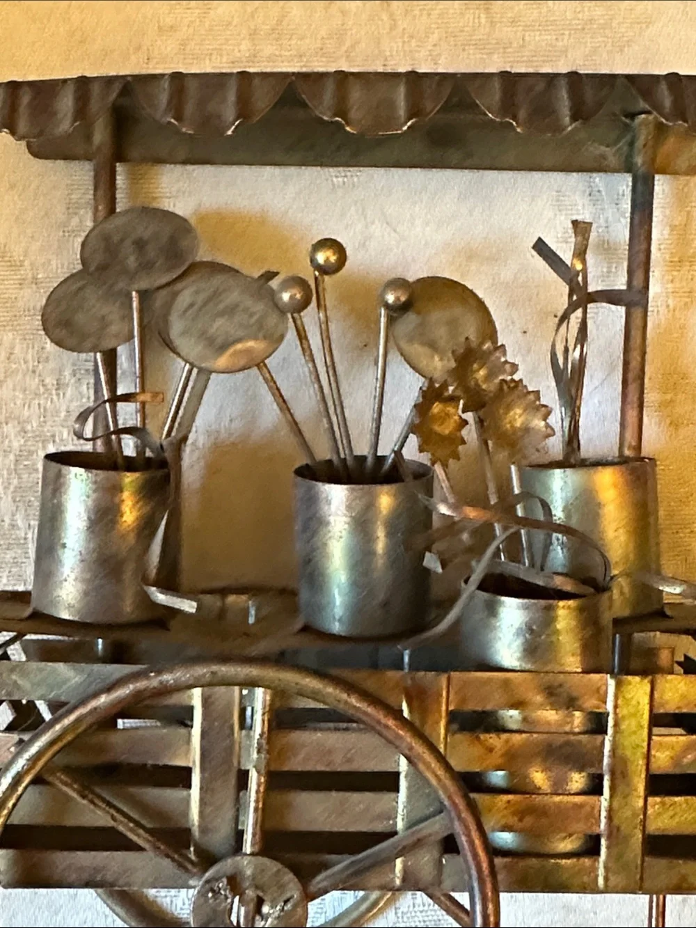 Vintage copper and brass 3D flower cart, wagon w/buckets of flowers